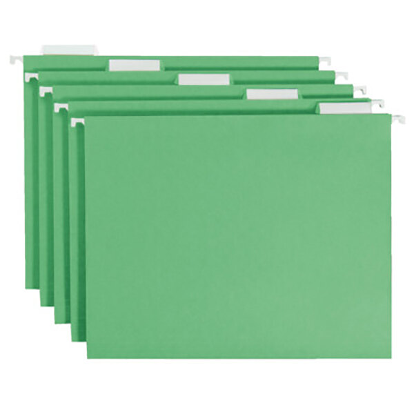 A row of green Smead hanging file folders with white repositionable tabs.