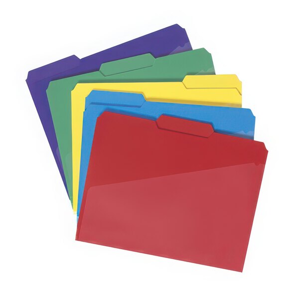 A stack of Smead waterproof poly letter size folders in assorted colors.
