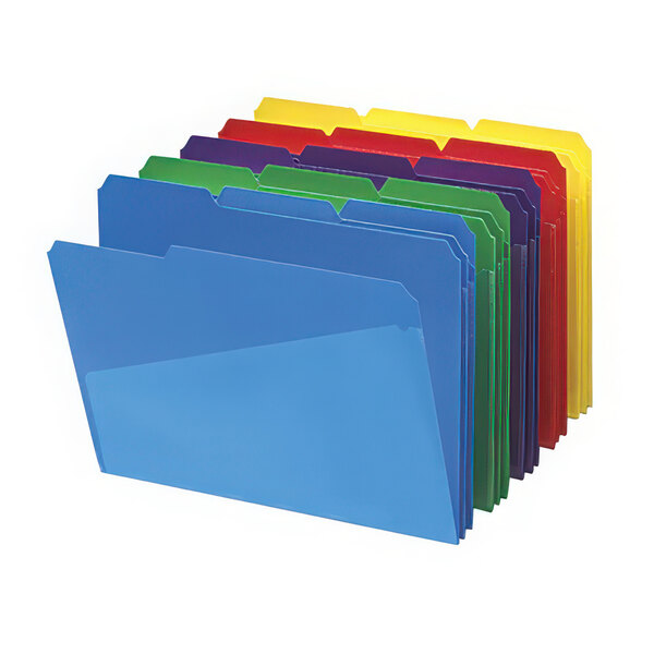 A stack of Smead waterproof poly letter size file folders in different colors.