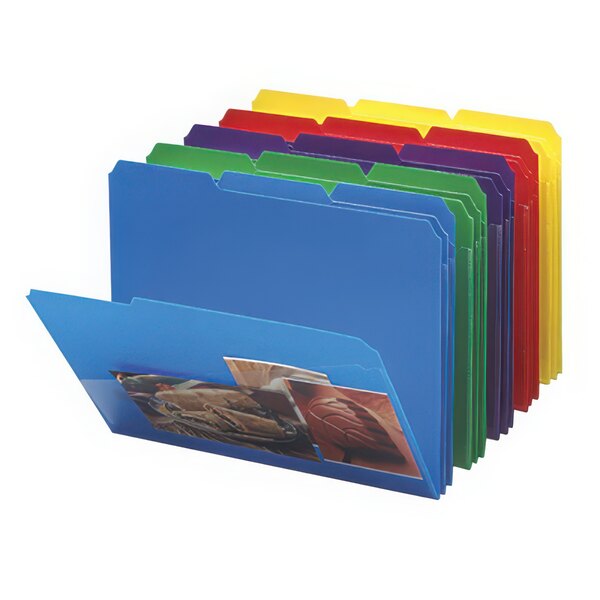 A row of Smead waterproof poly file folders in assorted colors with 1/3 cut tabs.