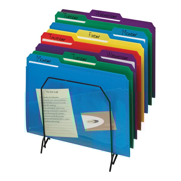 A Smead file holder with several colorful folders with different colored tabs.