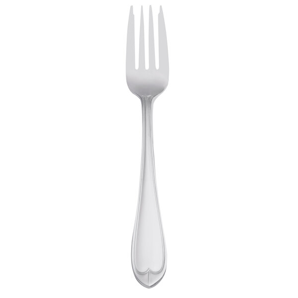 A silver fork with a black base and white background.