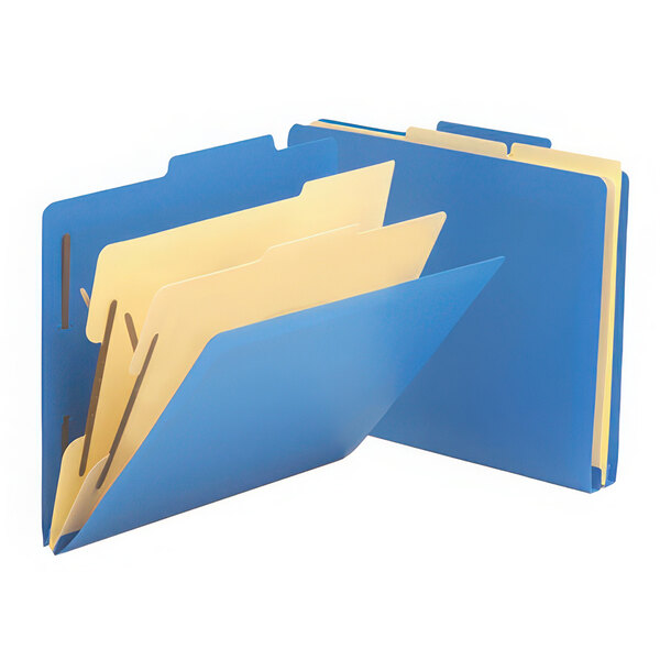 A blue Smead Poly Classification folder with yellow dividers.