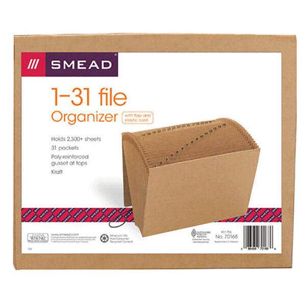 A brown box of Smead 70168 Letter Size 31-Pocket Expanding File organizers with black writing on it.