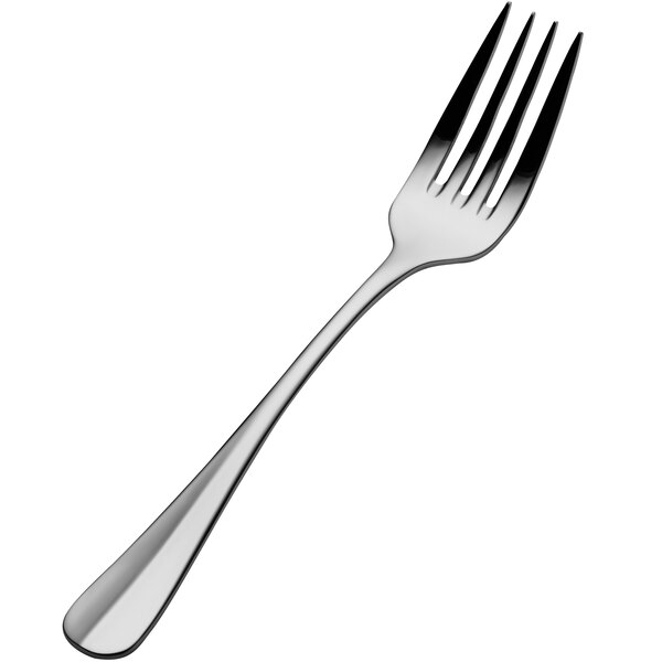 A close-up of a Bon Chef stainless steel dinner fork with a silver handle.