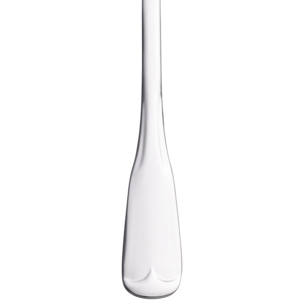 A World Tableware stainless steel bouillon spoon with a handle.