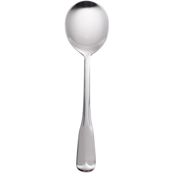 A close-up of a World Tableware stainless steel bouillon spoon with a black handle.