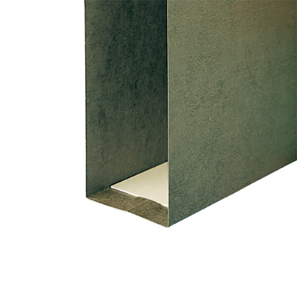 A close-up of a black Smead box bottom hanging file folder with a piece of paper inside.