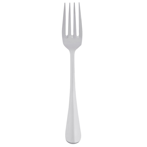 A Libbey stainless steel salad fork with a white handle.
