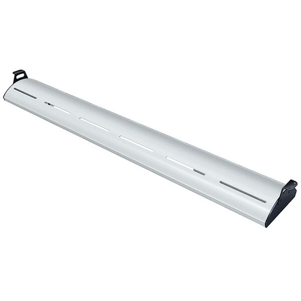 A white metal Hatco curved display light with warm lighting.