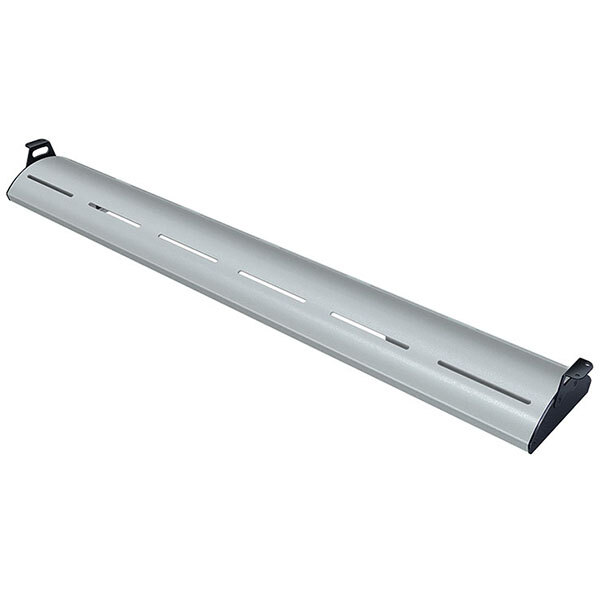 A long metal Hatco display light with warm lighting and a curved white granite cover with holes.