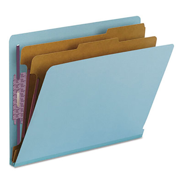 A blue Smead file folder with brown and yellow files inside.