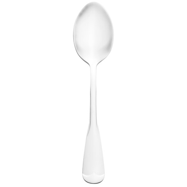 A World Tableware stainless steel dessert spoon with a white handle on a white background.