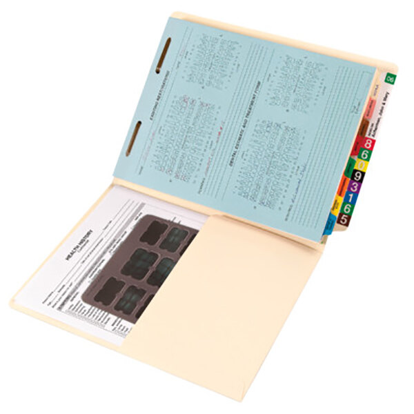 A Smead file folder with a document inside and numbers on the tab.