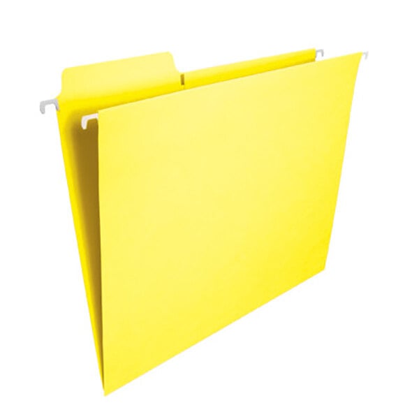 A close-up of a yellow Smead FasTab file folder with white clips.