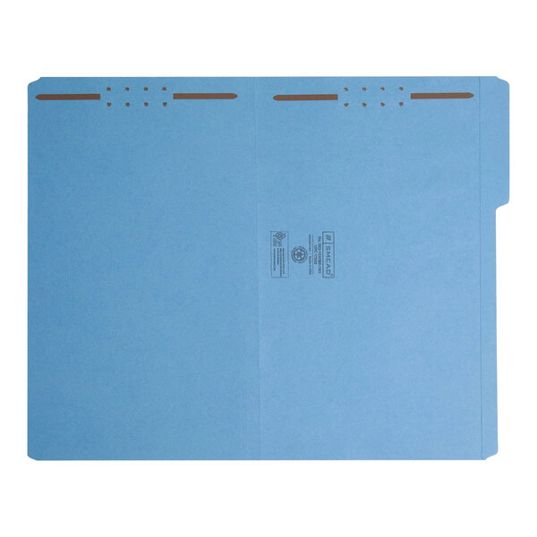 A blue file folder with brown tabs and two fasteners.
