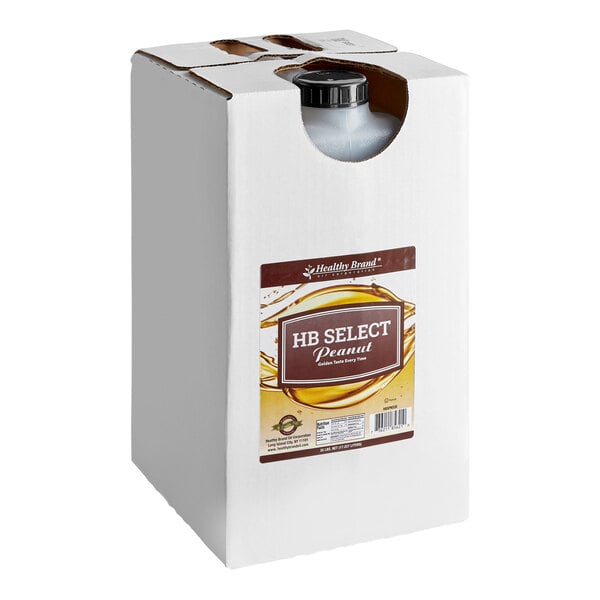 A large white box with a label reading 'HB Select Peanut' and a visible black-capped container inside.