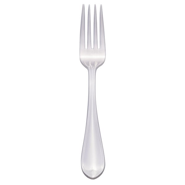 A silver dessert fork with a white column handle.