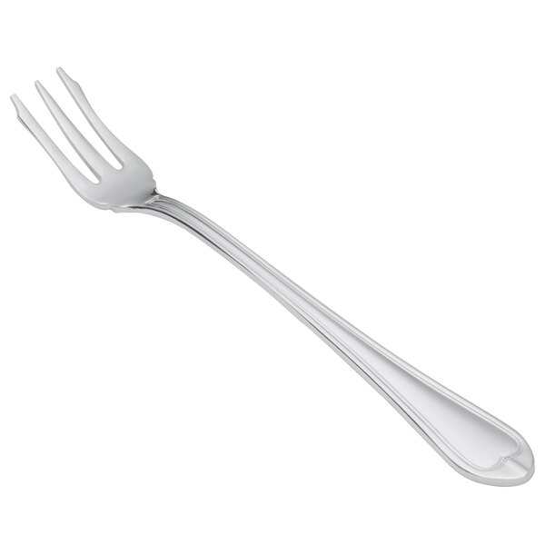 A silver fork with a white background.