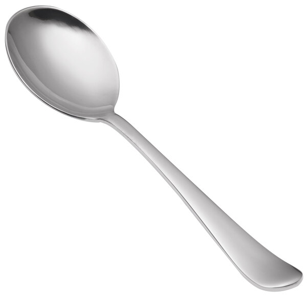 A close-up of a Libbey stainless steel bouillon spoon with a silver handle.