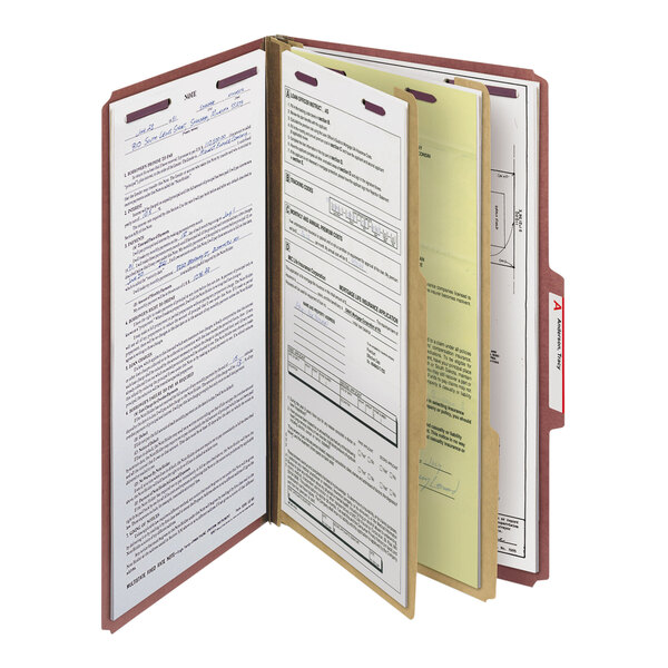 A Smead red file folder with a document inside.