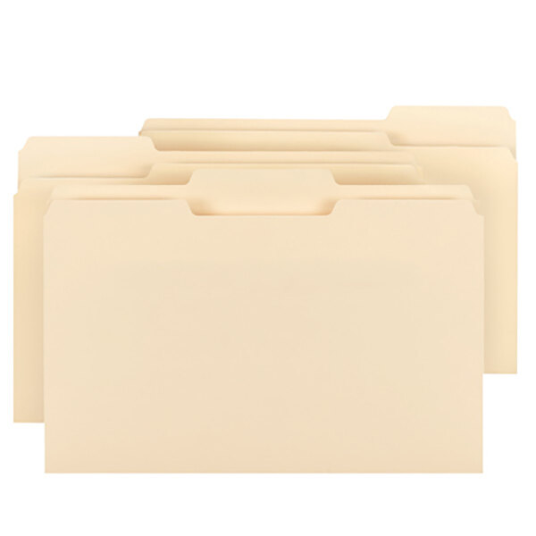 Three Smead legal size file folders with 1/3 cut assorted tabs in manila colors.
