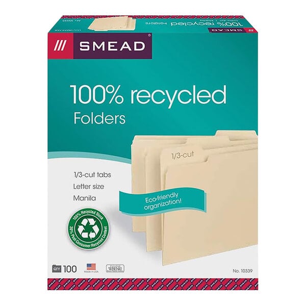 A box of Smead 100% recycled file folders with a green and white recycle sign.