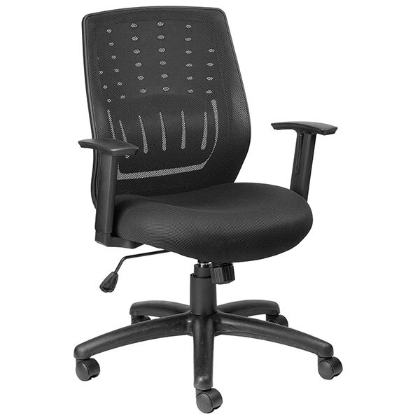 A black Eurotech office chair with mesh back and arms and wheels.