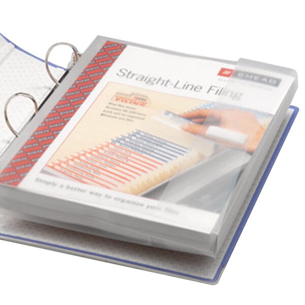 A Smead clear poly ring binder pocket on a ring binder with a plastic cover.
