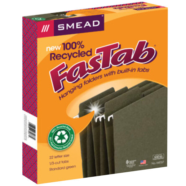 A box of 20 green Smead FasTab hanging file folders with a white and green product label.