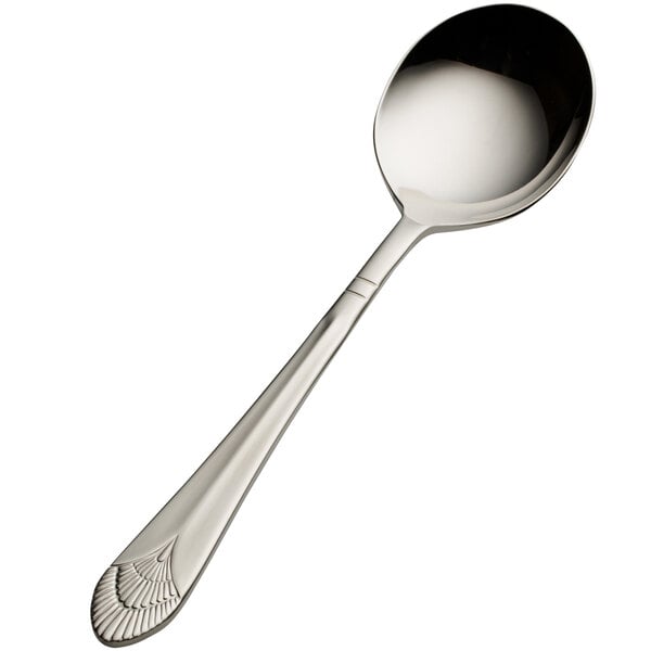 A close-up of a Bon Chef stainless steel bouillon spoon with a handle.