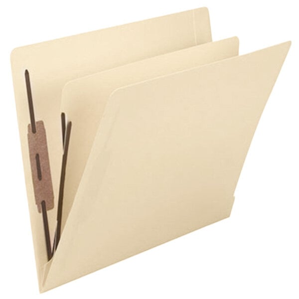 A Smead Shelf-Master file folder with 4 metal fasteners and a divider.