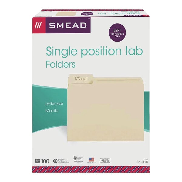 A box of Smead letter size file folders with 1/3 cut left tabs.