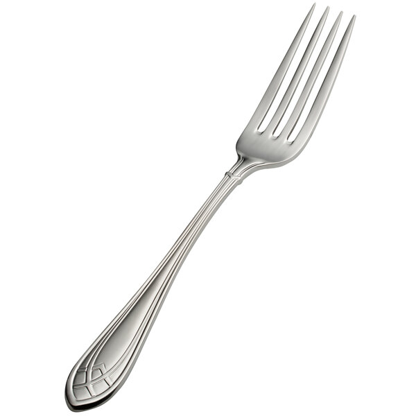 A Bon Chef stainless steel dinner fork with a design on the handle.