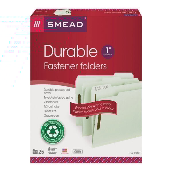 A box of Smead durable file folders with 2 fasteners.