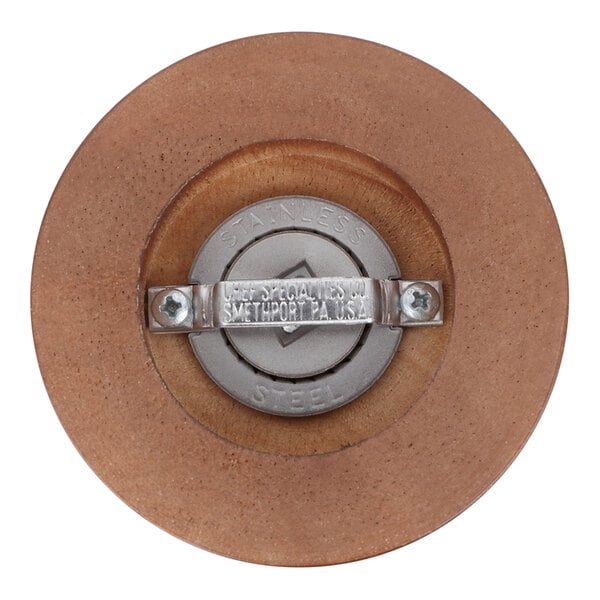 A brown walnut Chef Specialties pepper mill with a metal ring on top.