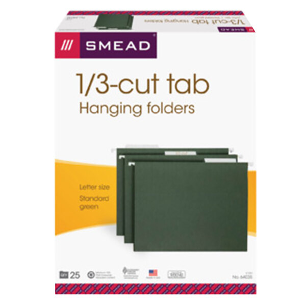 A green box of Smead letter size hanging file folders.