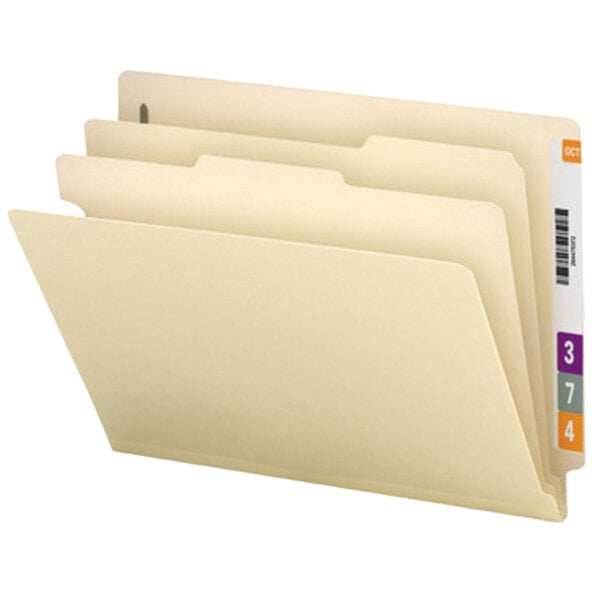 A close-up of a Smead heavy weight letter-size classification folder with tab dividers.