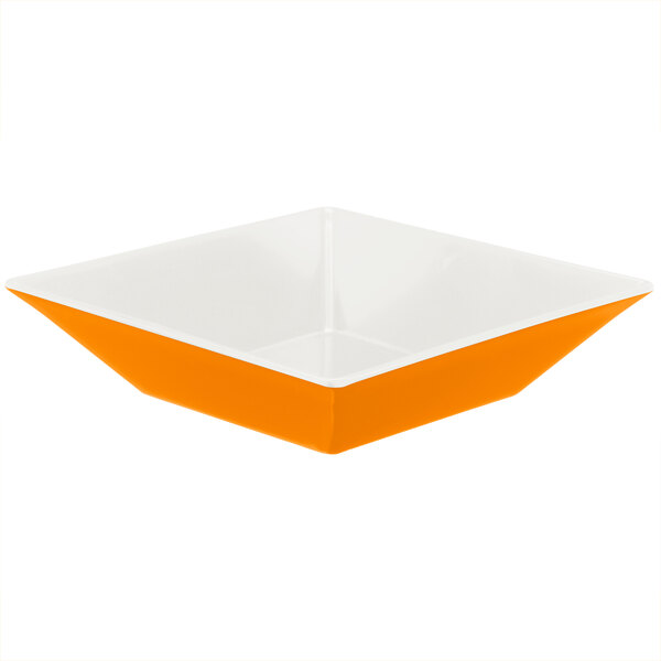 A white square melamine bowl with orange edges.
