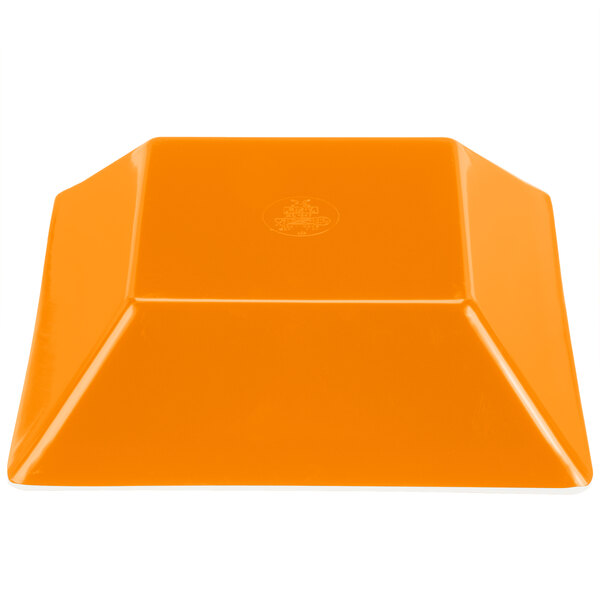 An orange square melamine bowl with a logo on it.