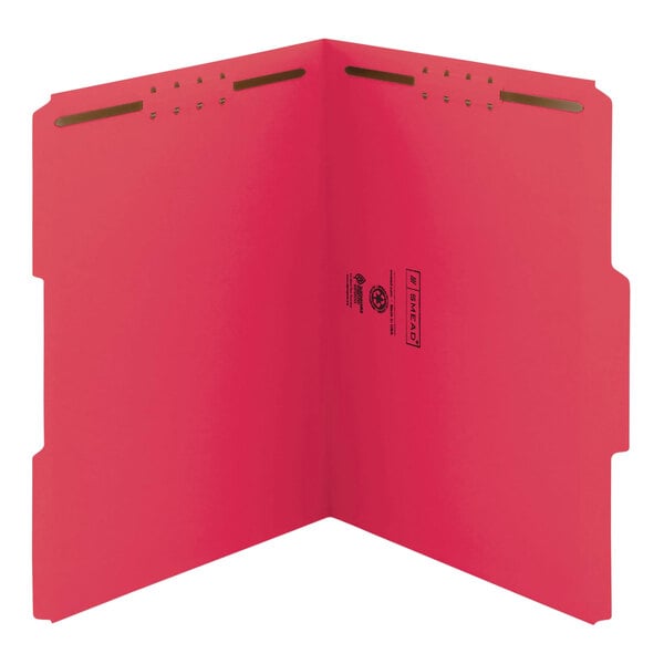 A red Smead letter size folder with 2 fasteners and 2 holes.