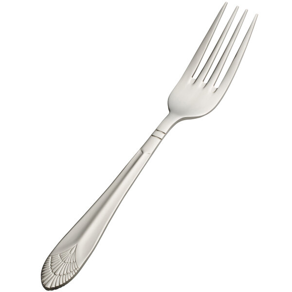 A Bon Chef stainless steel dinner fork with a design on the handle.