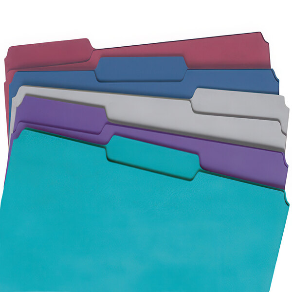 A stack of Smead file folders with assorted colors on tabs.
