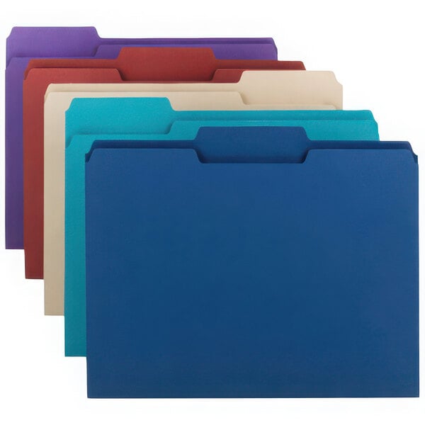 A group of Smead letter size file folders in different colors.