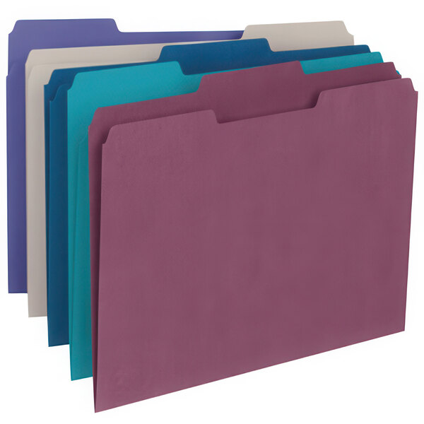 A group of colorful Smead letter size file folders with 1/3 cut tabs in assorted colors.