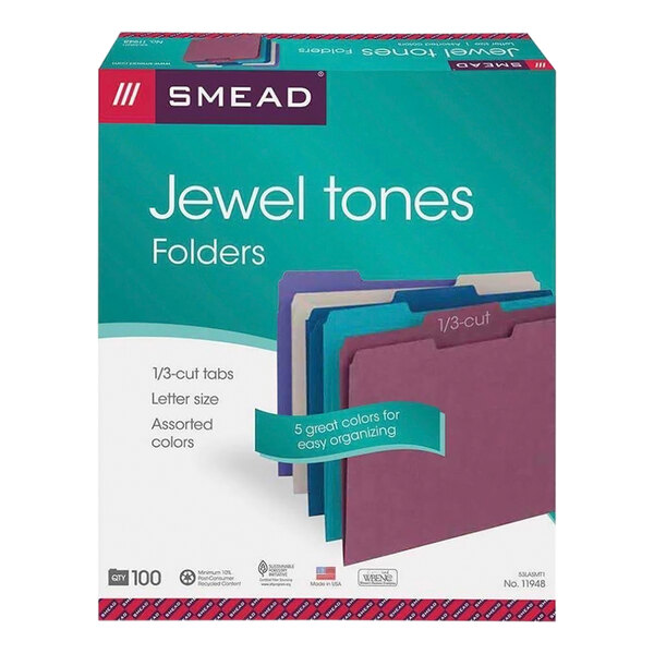 A box of Smead letter size file folders in assorted jewel tones.