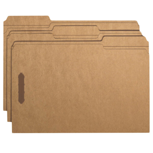 Three brown Smead legal size fastener folders with 2 fasteners.