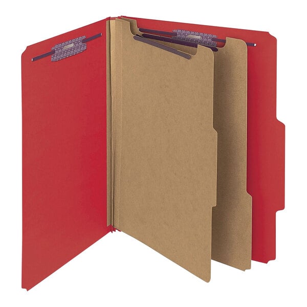 A red Smead classification folder with brown paper inside.