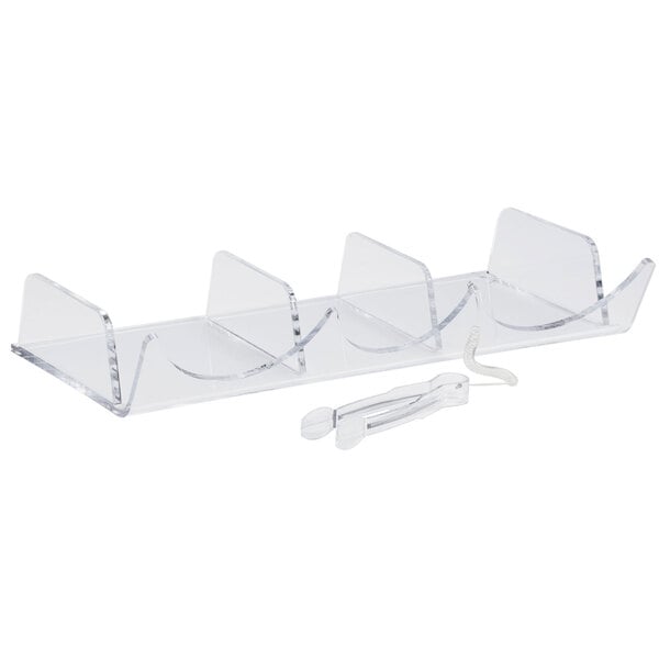 A clear plastic tray with four clear plastic dividers and two handles.