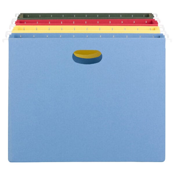 A Smead box bottom hanging file folder in blue and yellow.